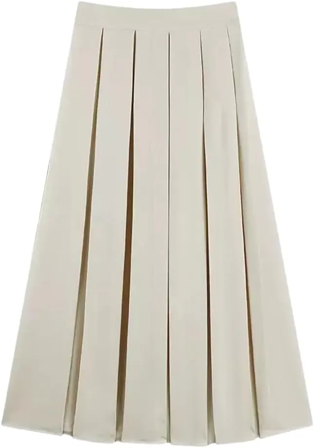 2024 Women's Pleated Midi Skirt Autumn Solid Color High Waist Retro Skirt