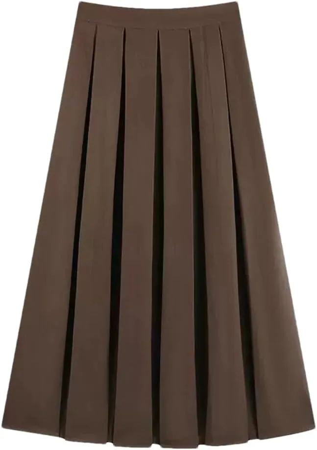 2024 Women's Pleated Midi Skirt Autumn Solid Color High Waist Retro Skirt