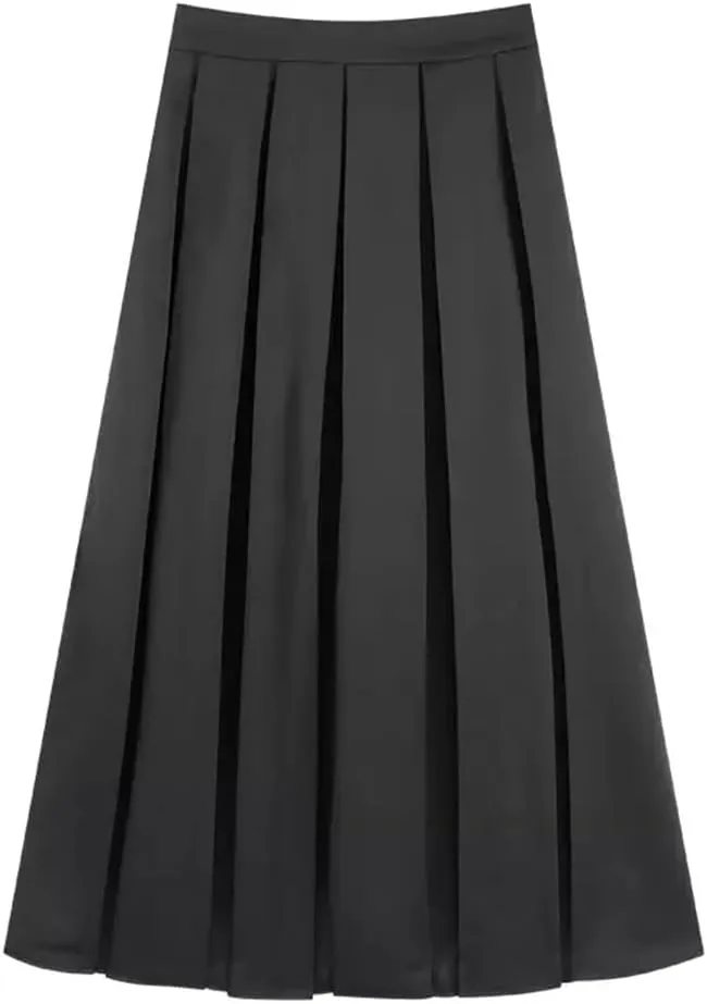 2024 Women's Pleated Midi Skirt Autumn Solid Color High Waist Retro Skirt