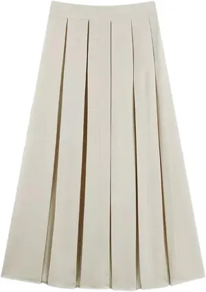 2024 Women's Pleated Midi Skirt Autumn Solid Color High Waist Retro Skirt