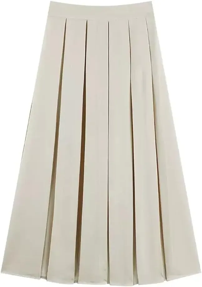 2024 Women's Pleated Midi Skirt Autumn Solid Color High Waist Retro Skirt