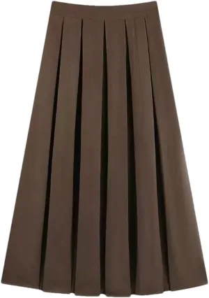 2024 Women's Pleated Midi Skirt Autumn Solid Color High Waist Retro Skirt