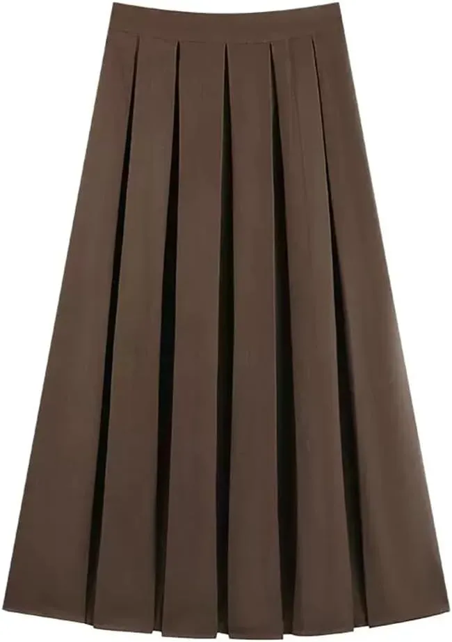 2024 Women's Pleated Midi Skirt Autumn Solid Color High Waist Retro Skirt