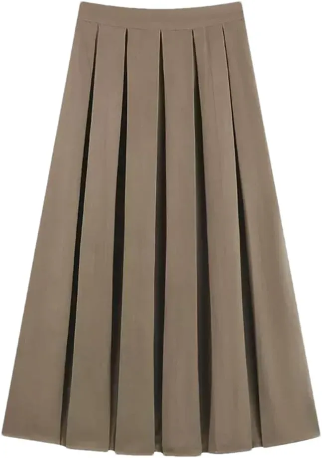 2024 Women's Pleated Midi Skirt Autumn Solid Color High Waist Retro Skirt