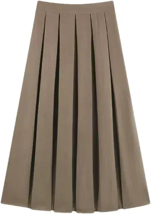 2024 Women's Pleated Midi Skirt Autumn Solid Color High Waist Retro Skirt