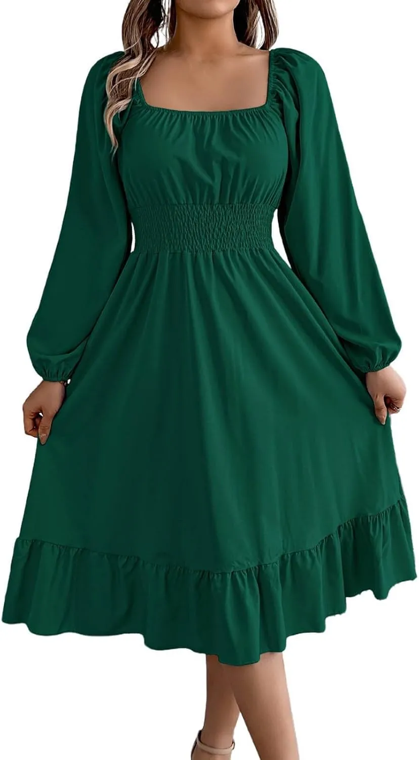 2025 Women Summer Dress Long Lantern Sleeve Square Neck Backless Sexy Dress Ruffle Elastic Waist A-Line Mini Dresses