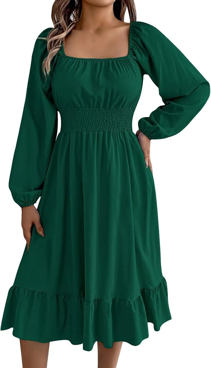 2025 Women Summer Dress Long Lantern Sleeve Square Neck Backless Sexy Dress Ruffle Elastic Waist A-Line Mini Dresses