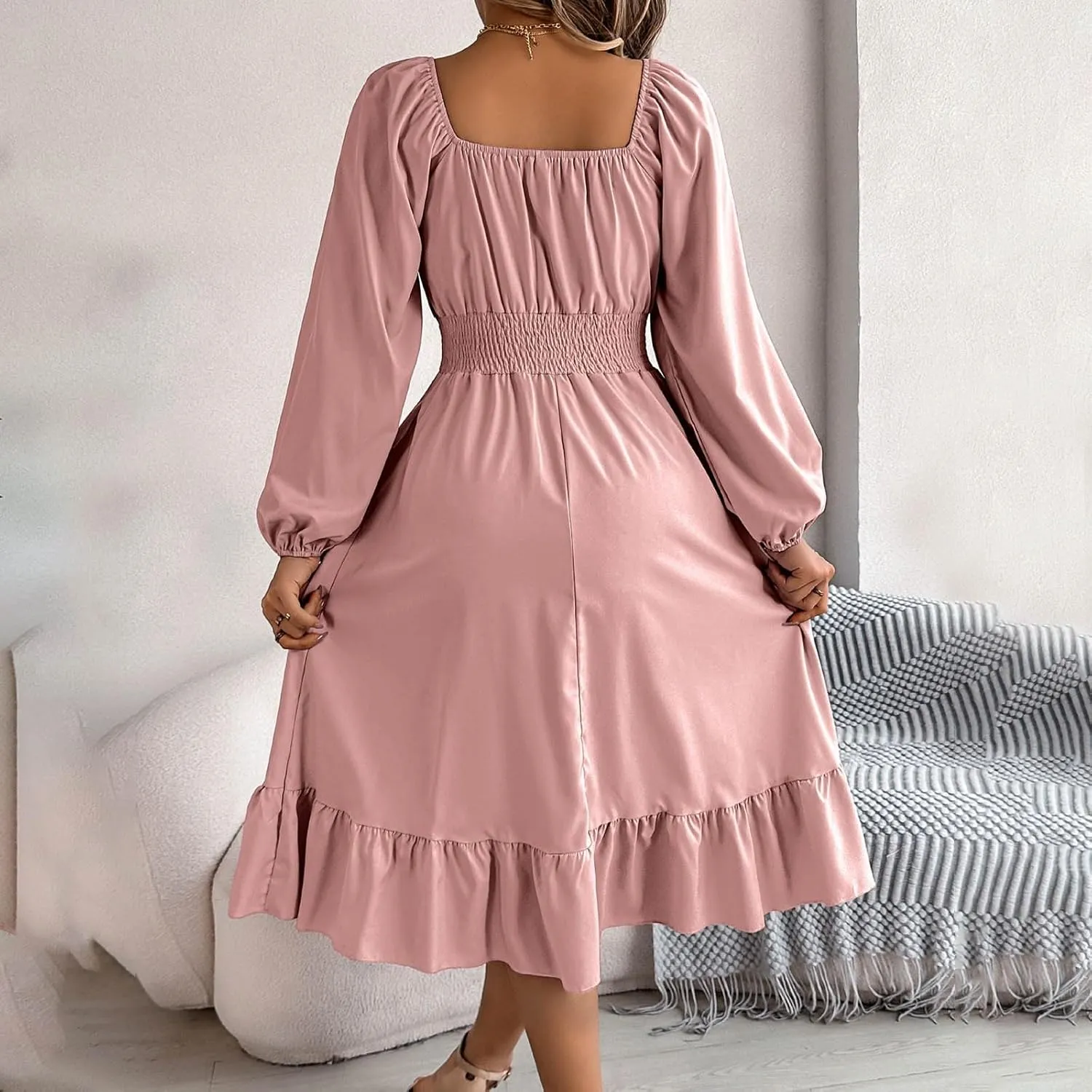 2025 Women Summer Dress Long Lantern Sleeve Square Neck Backless Sexy Dress Ruffle Elastic Waist A-Line Mini Dresses