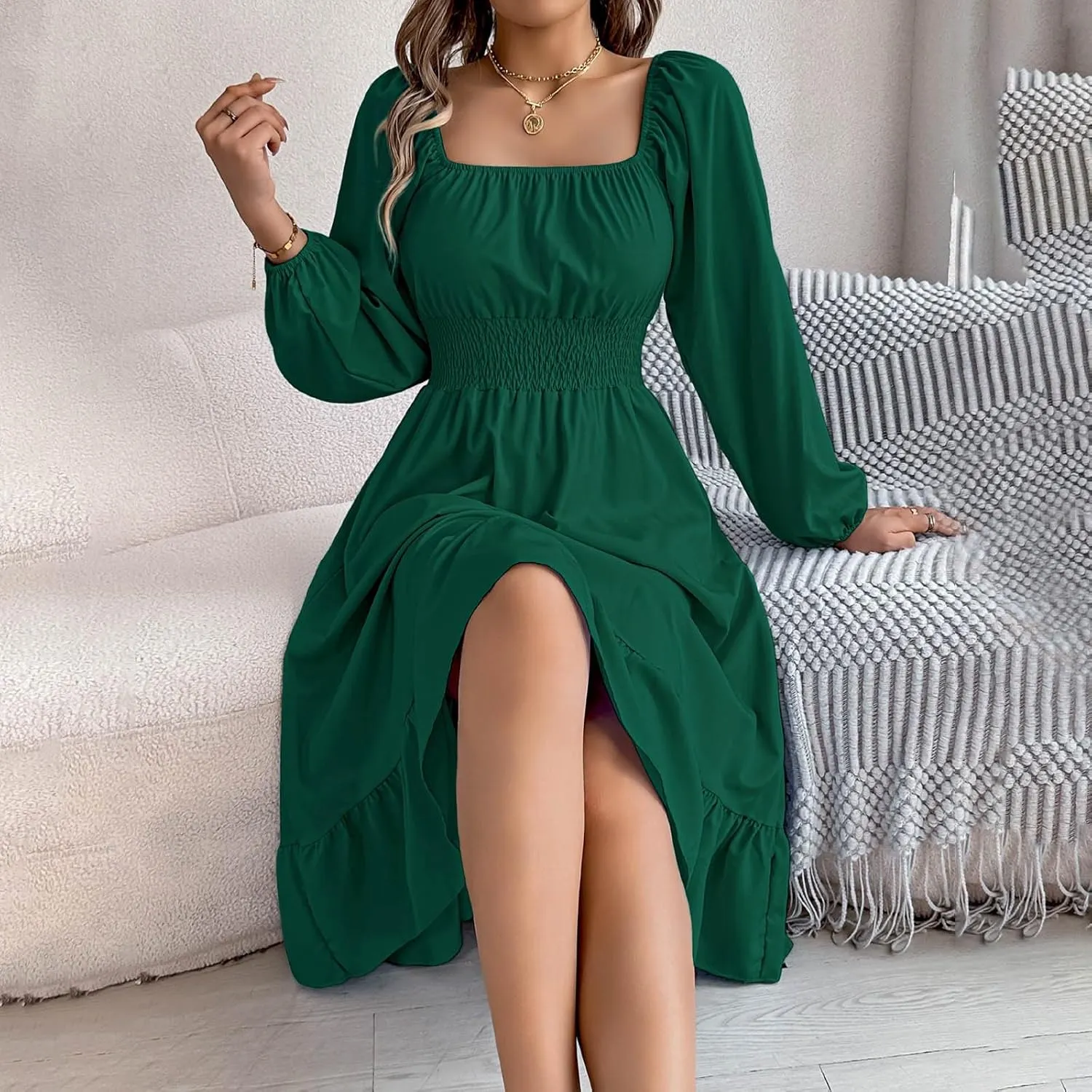 2025 Women Summer Dress Long Lantern Sleeve Square Neck Backless Sexy Dress Ruffle Elastic Waist A-Line Mini Dresses