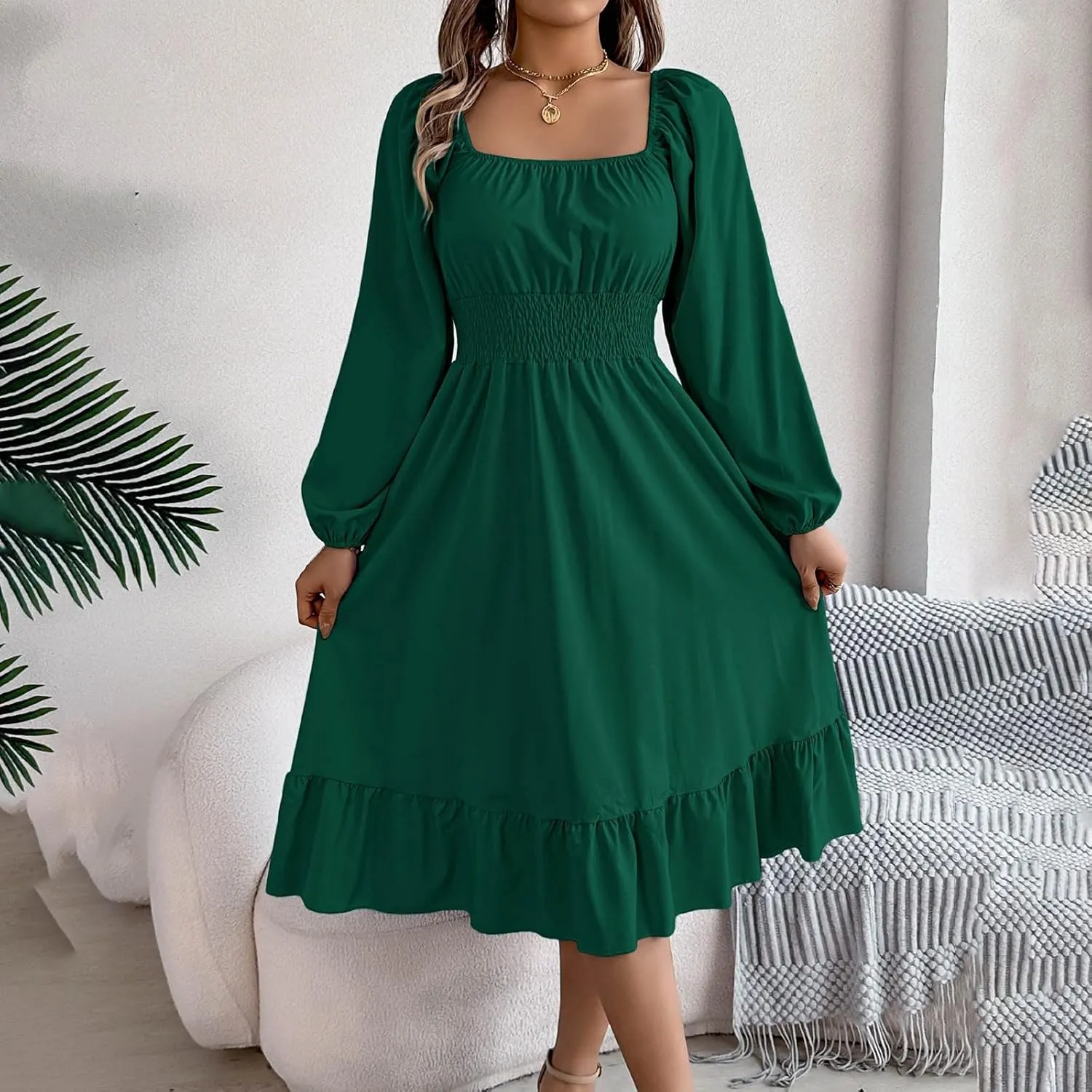 2025 Women Summer Dress Long Lantern Sleeve Square Neck Backless Sexy Dress Ruffle Elastic Waist A-Line Mini Dresses