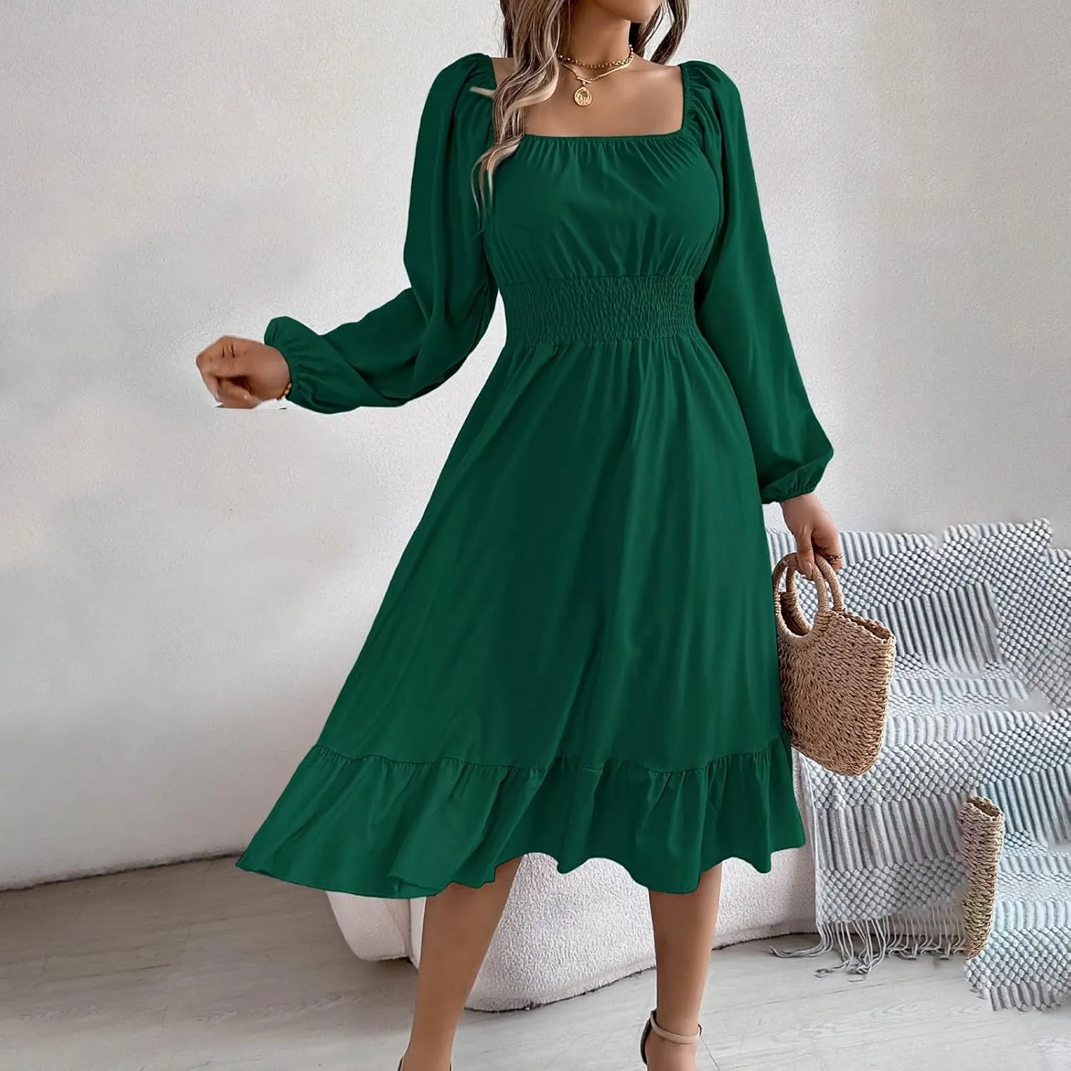 2025 Women Summer Dress Long Lantern Sleeve Square Neck Backless Sexy Dress Ruffle Elastic Waist A-Line Mini Dresses