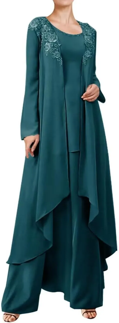 3 Pieces Pant Suits Mother of The Bride Dress Lace Appliques Wedding Guest Dresses with Chiffon Jacket