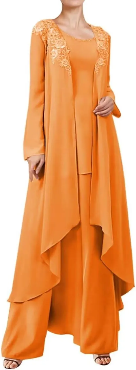 3 Pieces Pant Suits Mother of The Bride Dress Lace Appliques Wedding Guest Dresses with Chiffon Jacket