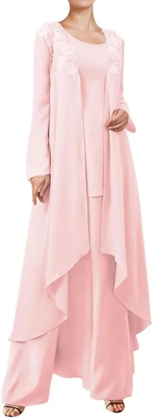 3 Pieces Pant Suits Mother of The Bride Dress Lace Appliques Wedding Guest Dresses with Chiffon Jacket