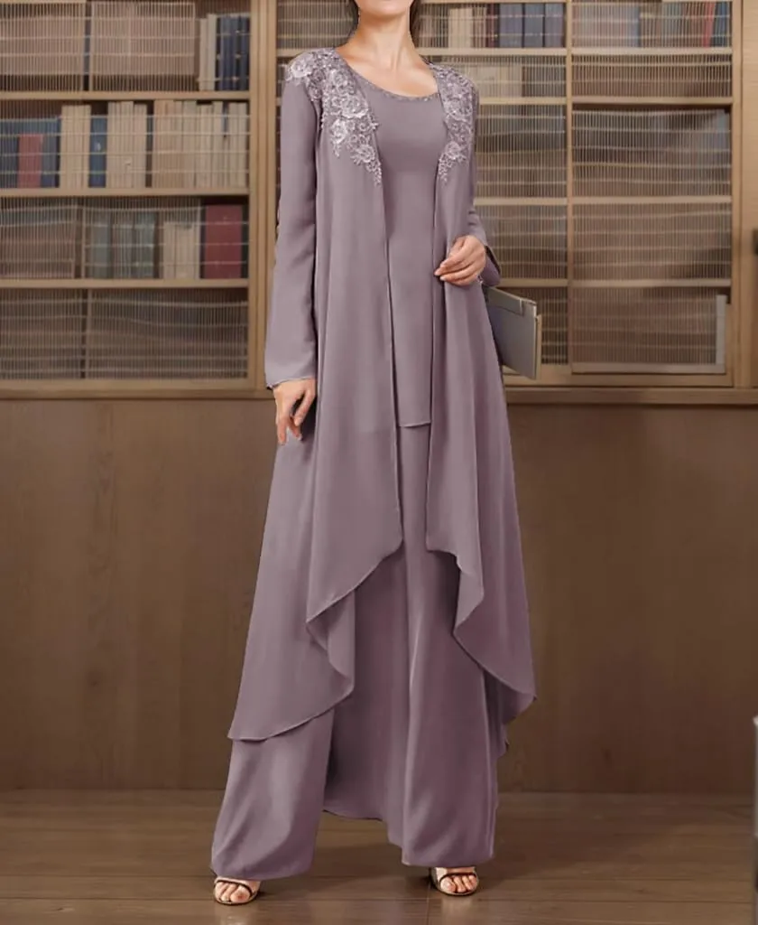 3 Pieces Pant Suits Mother of The Bride Dress Lace Appliques Wedding Guest Dresses with Chiffon Jacket