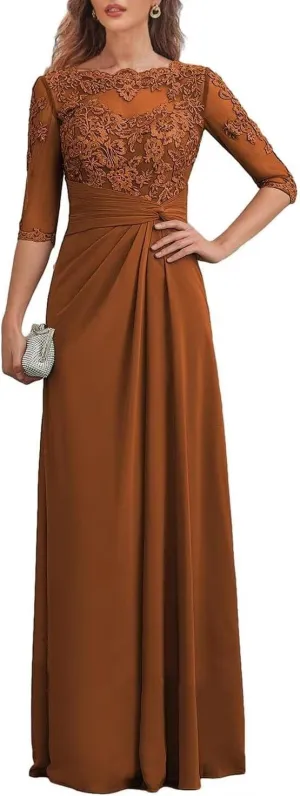 3/4 Sleeves Lace Applique Mother of The Bride Dresses for Women A Line Chiffon Long Beaded Formal Evening Gowns