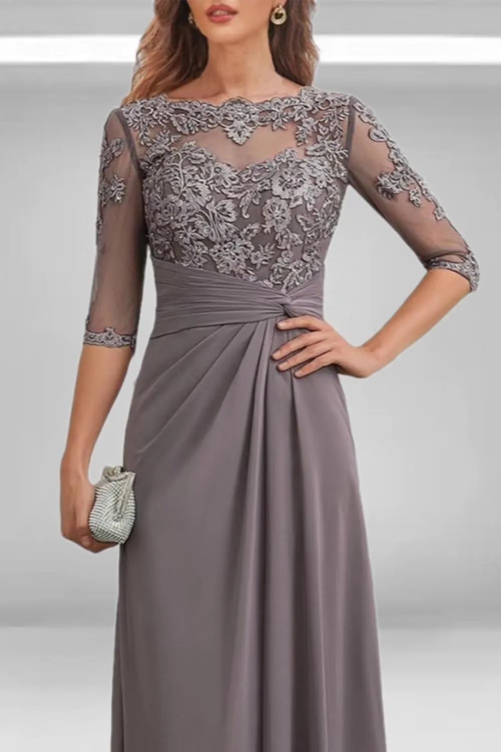 3/4 Sleeves Lace Applique Mother of The Bride Dresses for Women A Line Chiffon Long Beaded Formal Evening Gowns