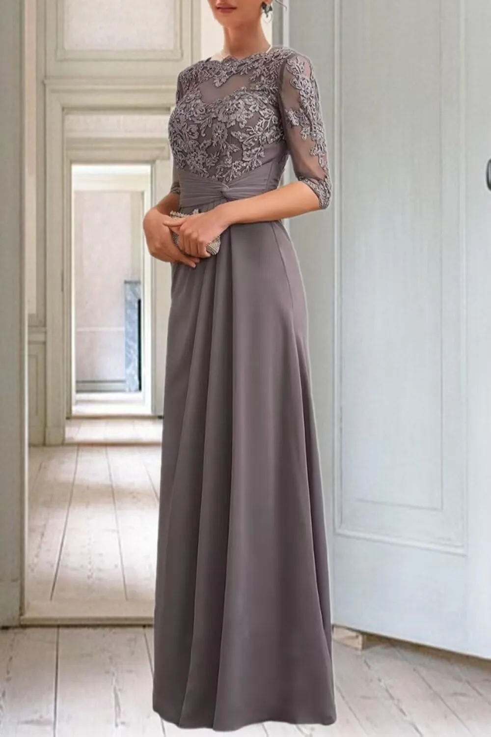3/4 Sleeves Lace Applique Mother of The Bride Dresses for Women A Line Chiffon Long Beaded Formal Evening Gowns