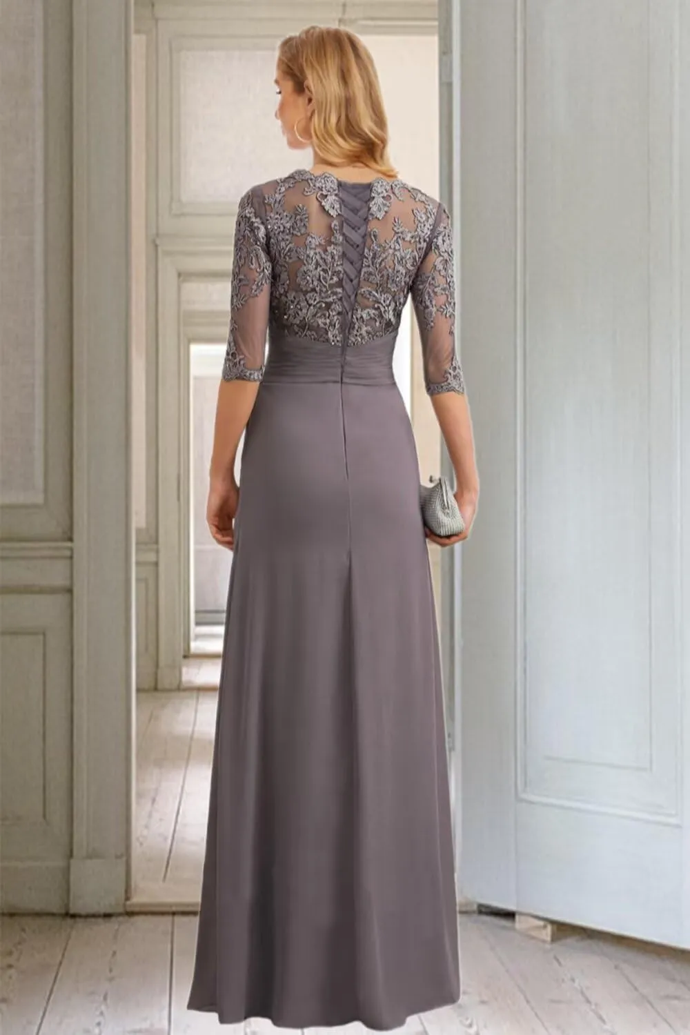 3/4 Sleeves Lace Applique Mother of The Bride Dresses for Women A Line Chiffon Long Beaded Formal Evening Gowns