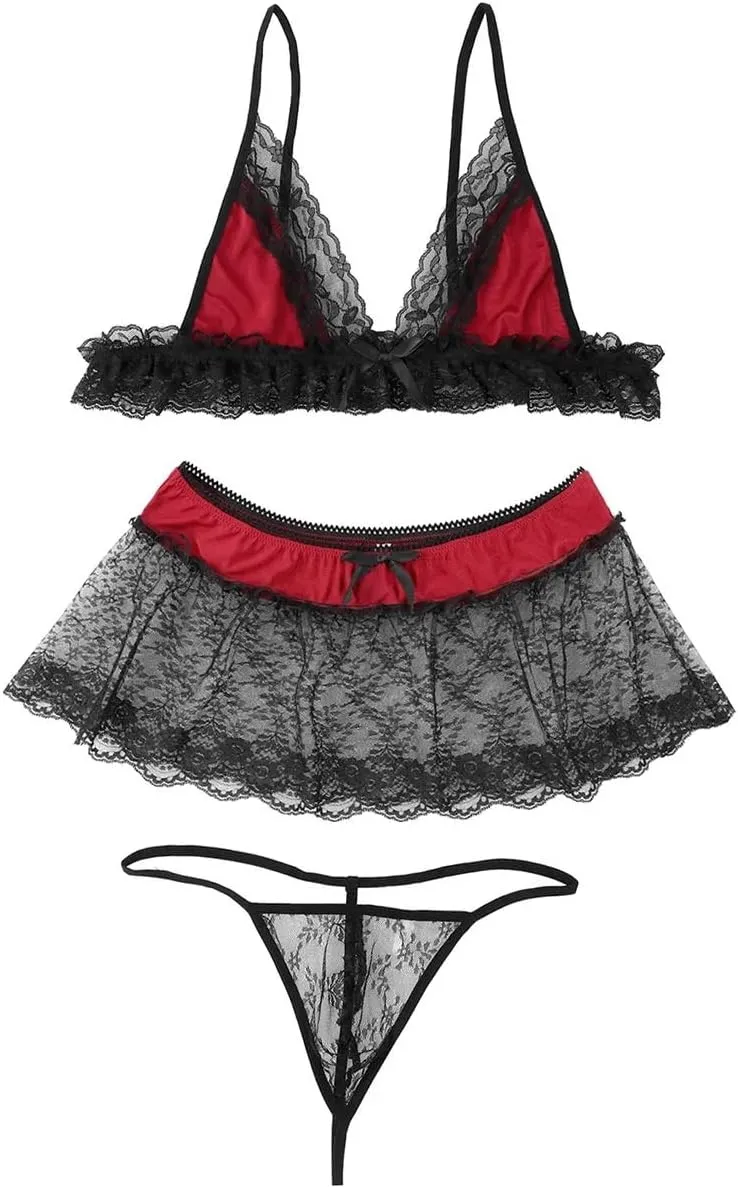 3Pcs Mens Lace Lingerie Set Adjustable Spaghetti Shoulder Straps Deep V Neck Bra Top Mini Skirt G-string Briefs
