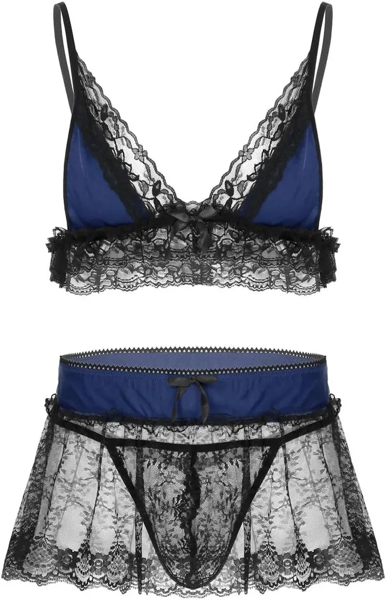3Pcs Mens Lace Lingerie Set Adjustable Spaghetti Shoulder Straps Deep V Neck Bra Top Mini Skirt G-string Briefs