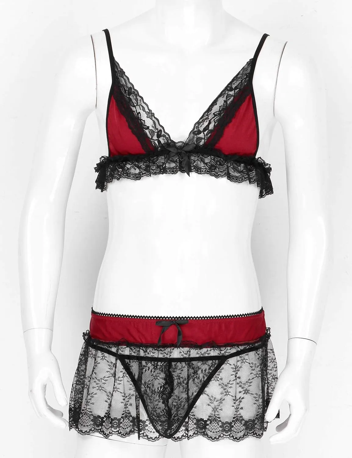 3Pcs Mens Lace Lingerie Set Adjustable Spaghetti Shoulder Straps Deep V Neck Bra Top Mini Skirt G-string Briefs