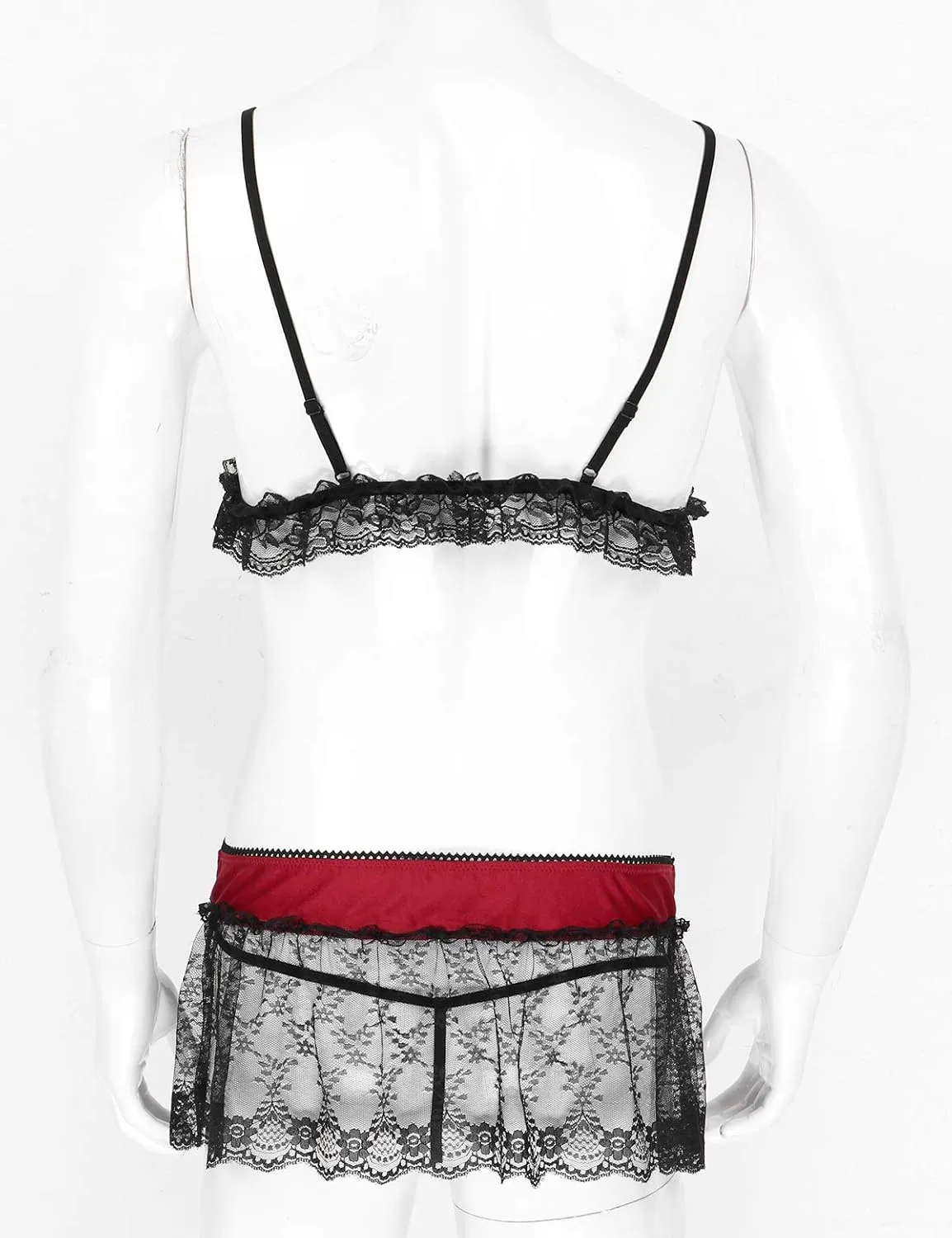 3Pcs Mens Lace Lingerie Set Adjustable Spaghetti Shoulder Straps Deep V Neck Bra Top Mini Skirt G-string Briefs