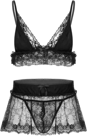 3Pcs Mens Lace Lingerie Set Adjustable Spaghetti Shoulder Straps Deep V Neck Bra Top Mini Skirt G-string Briefs