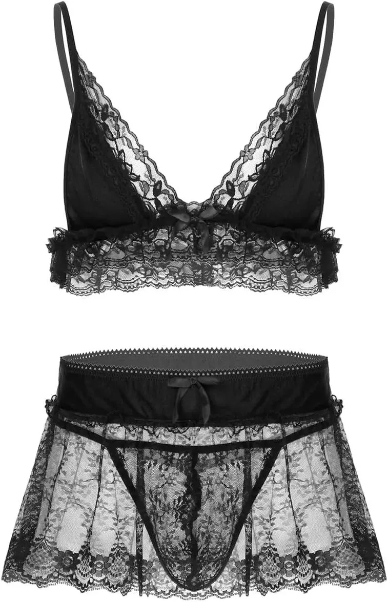 3Pcs Mens Lace Lingerie Set Adjustable Spaghetti Shoulder Straps Deep V Neck Bra Top Mini Skirt G-string Briefs