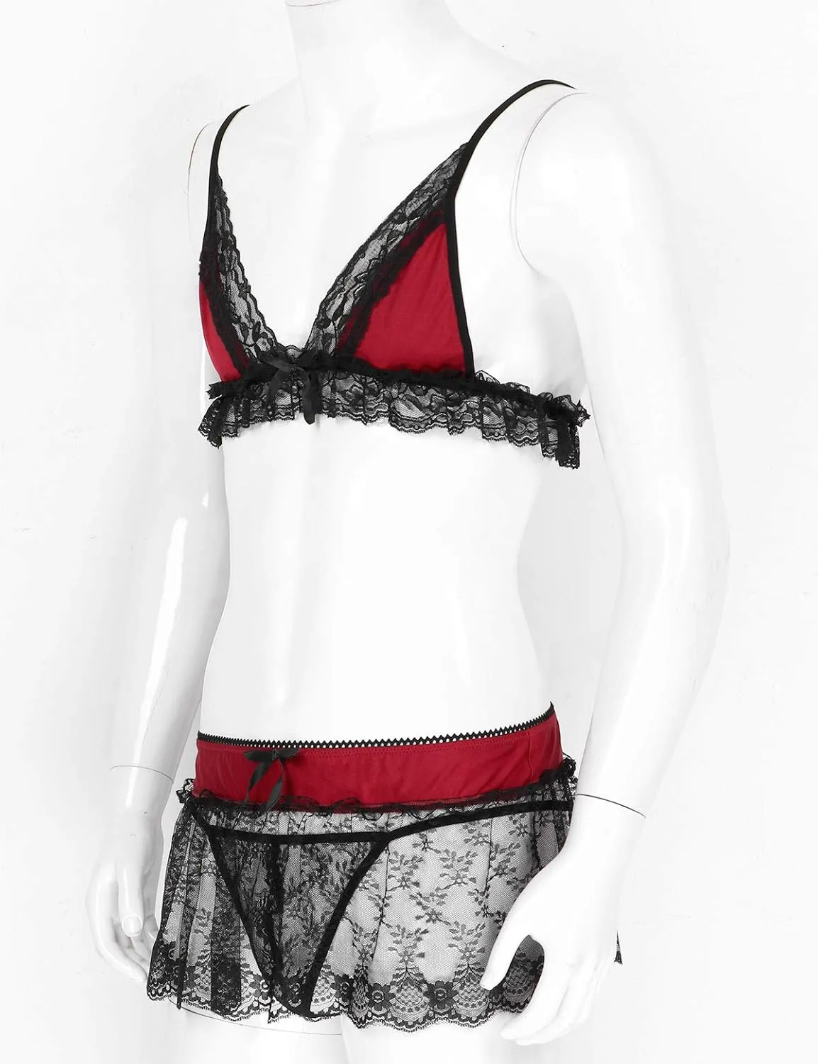 3Pcs Mens Lace Lingerie Set Adjustable Spaghetti Shoulder Straps Deep V Neck Bra Top Mini Skirt G-string Briefs