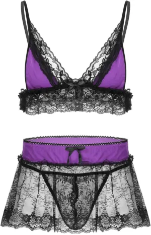 3Pcs Mens Lace Lingerie Set Adjustable Spaghetti Shoulder Straps Deep V Neck Bra Top Mini Skirt G-string Briefs