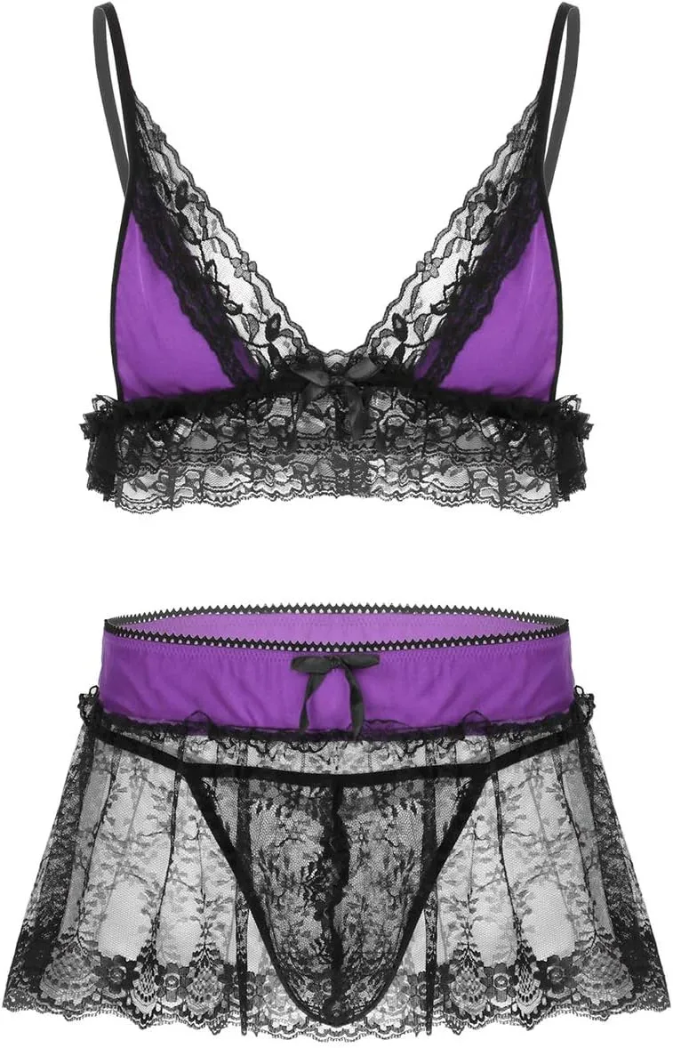 3Pcs Mens Lace Lingerie Set Adjustable Spaghetti Shoulder Straps Deep V Neck Bra Top Mini Skirt G-string Briefs