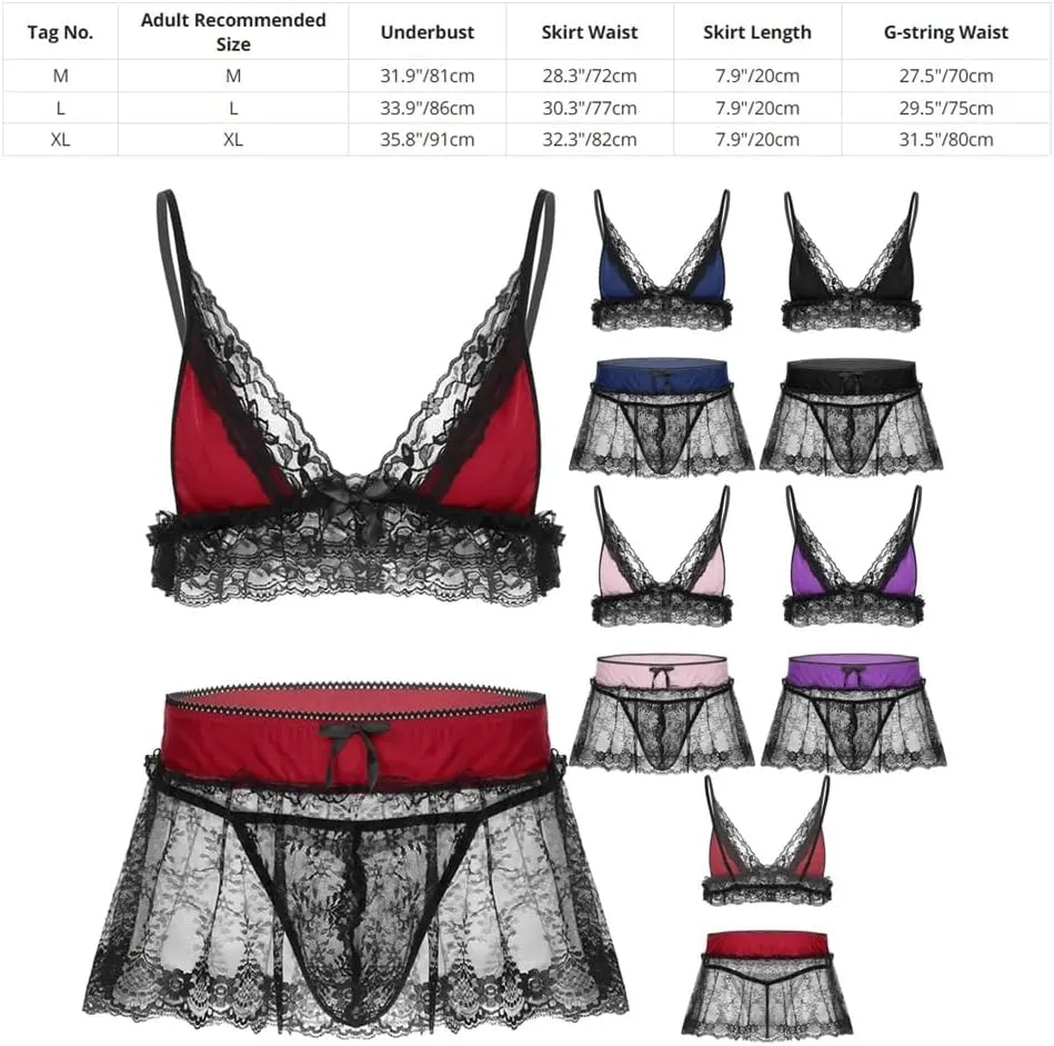 3Pcs Mens Lace Lingerie Set Adjustable Spaghetti Shoulder Straps Deep V Neck Bra Top Mini Skirt G-string Briefs