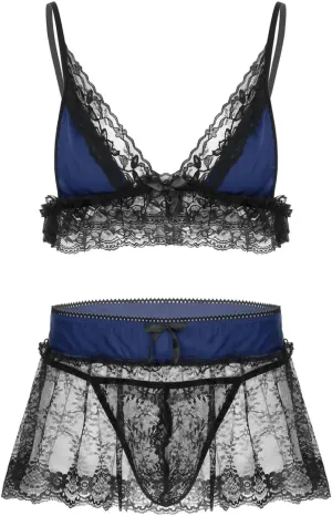 3Pcs Mens Lace Lingerie Set Adjustable Spaghetti Shoulder Straps Deep V Neck Bra Top Mini Skirt G-string Briefs