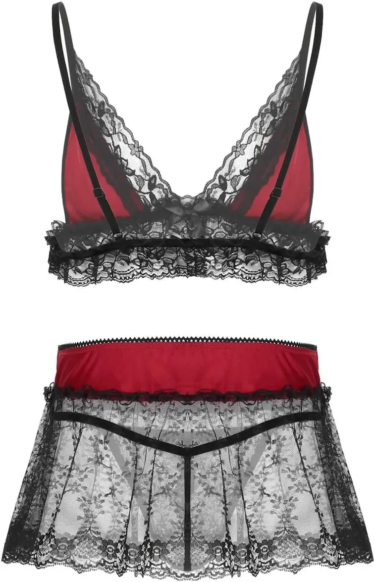 3Pcs Mens Lace Lingerie Set Adjustable Spaghetti Shoulder Straps Deep V Neck Bra Top Mini Skirt G-string Briefs