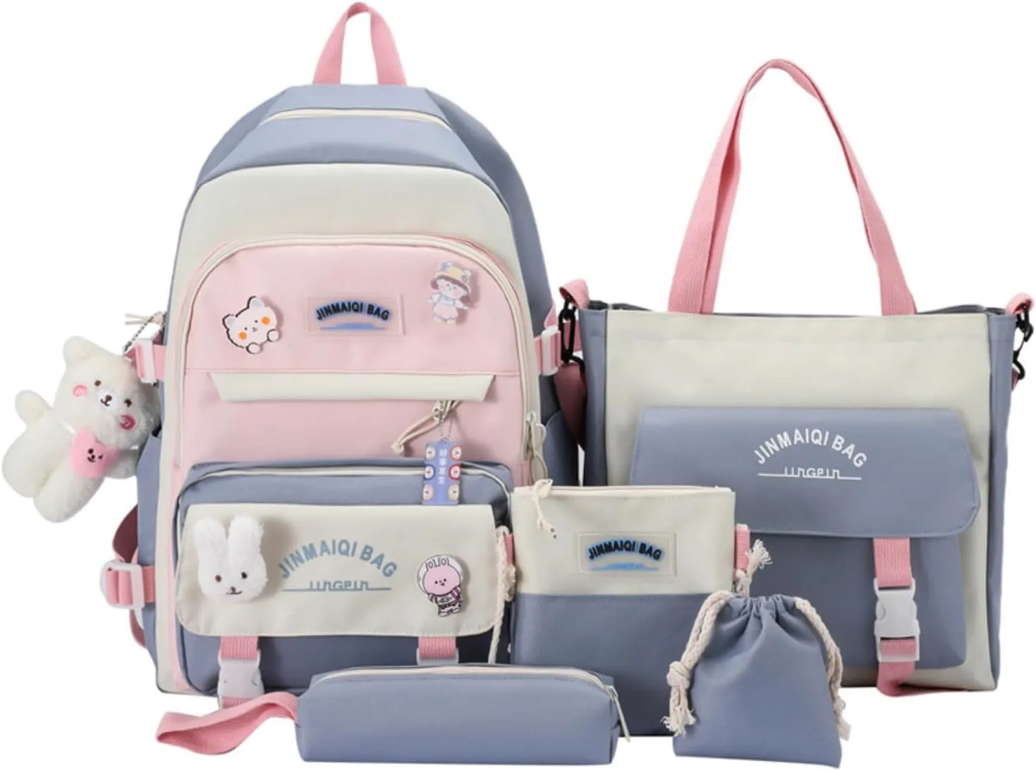 5pcs Kawaii Backpack Set Cute Aesthetic Backpack Preppy Laptop Backpack Japanese Daypack College Backpack (Blue,One Size)