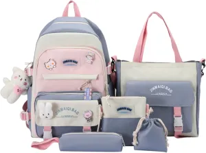5pcs Kawaii Backpack Set Cute Aesthetic Backpack Preppy Laptop Backpack Japanese Daypack College Backpack (Blue,One Size)