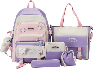 5pcs Kawaii Backpack Set Cute Aesthetic Backpack Preppy Laptop Backpack Japanese Daypack College Backpack (Purple,One Size)