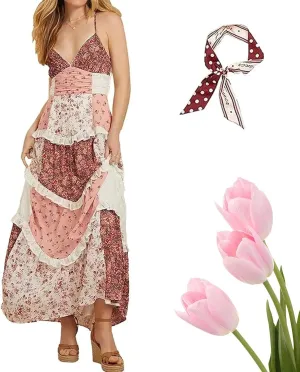 Adernlia Floral Maxi Dress, Women Patchwork Floral Flowy Maxi Dress, Y2k Spaghetti Strap V Neck Beach Dresses