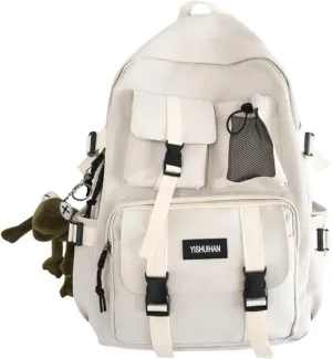 Aesthetic Backpack with Cute Frog Pendant for Women Men Preppy Laptop Backpack Japanese Harajuku College Backpack (Beige,One Size)