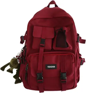 Aesthetic Backpack with Cute Frog Pendant for Women Men Preppy Laptop Backpack Japanese Harajuku College Backpack (Red,One Size)