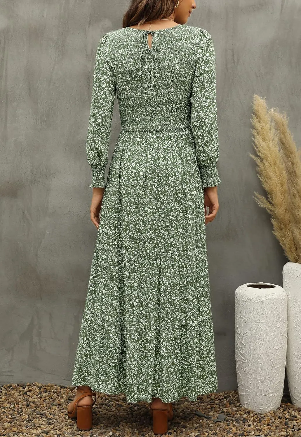 Annebouti Women's Spring Casual Long Sleeve Maxi Dress Boho Floral Smocked A-Line Modest Wedding Guest Long Dresses
