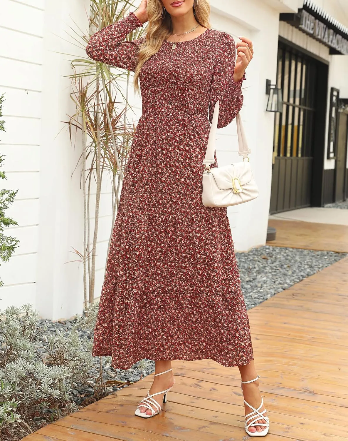 Annebouti Women's Spring Casual Long Sleeve Maxi Dress Boho Floral Smocked A-Line Modest Wedding Guest Long Dresses
