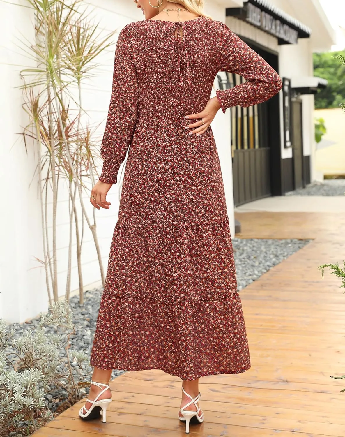 Annebouti Women's Spring Casual Long Sleeve Maxi Dress Boho Floral Smocked A-Line Modest Wedding Guest Long Dresses