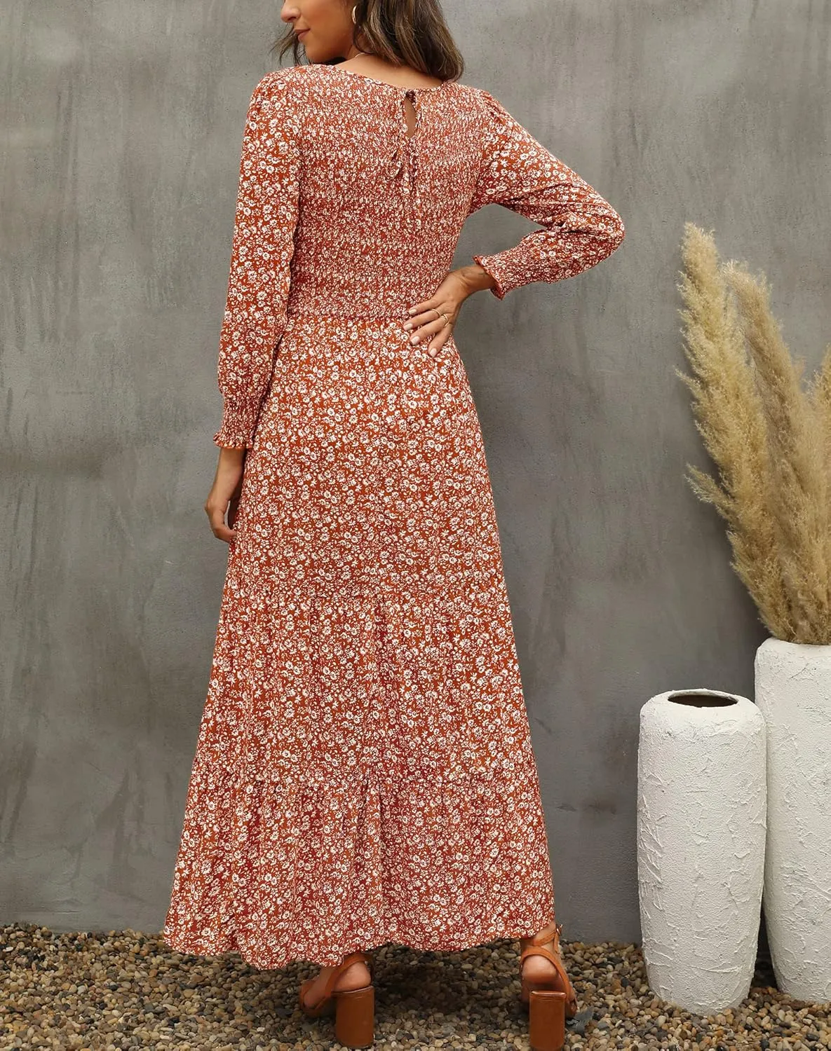 Annebouti Women's Spring Casual Long Sleeve Maxi Dress Boho Floral Smocked A-Line Modest Wedding Guest Long Dresses