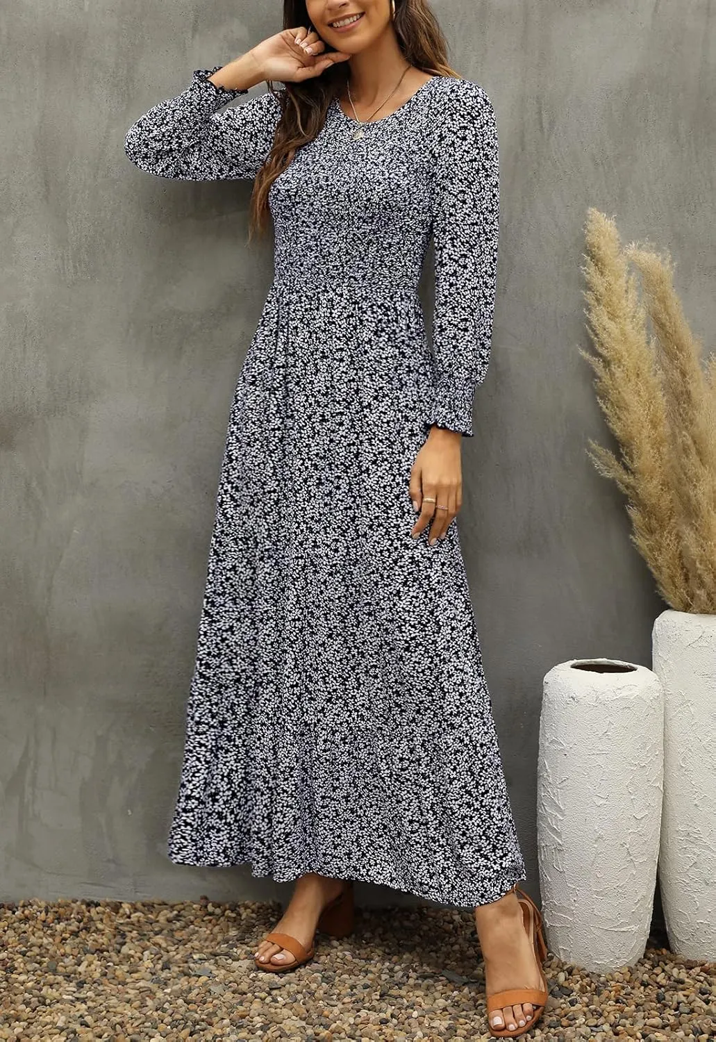 Annebouti Women's Spring Casual Long Sleeve Maxi Dress Boho Floral Smocked A-Line Modest Wedding Guest Long Dresses