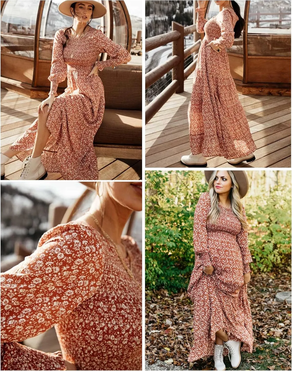 Annebouti Women's Spring Casual Long Sleeve Maxi Dress Boho Floral Smocked A-Line Modest Wedding Guest Long Dresses