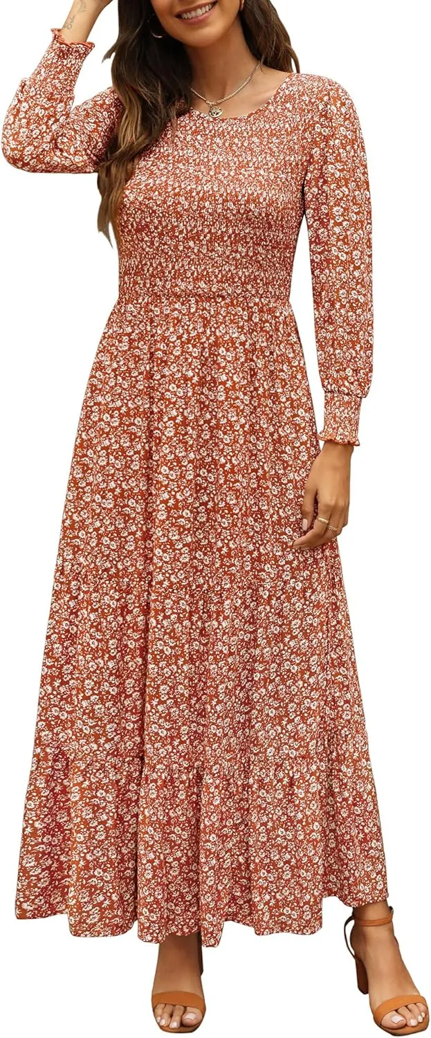 Annebouti Women's Spring Casual Long Sleeve Maxi Dress Boho Floral Smocked A-Line Modest Wedding Guest Long Dresses