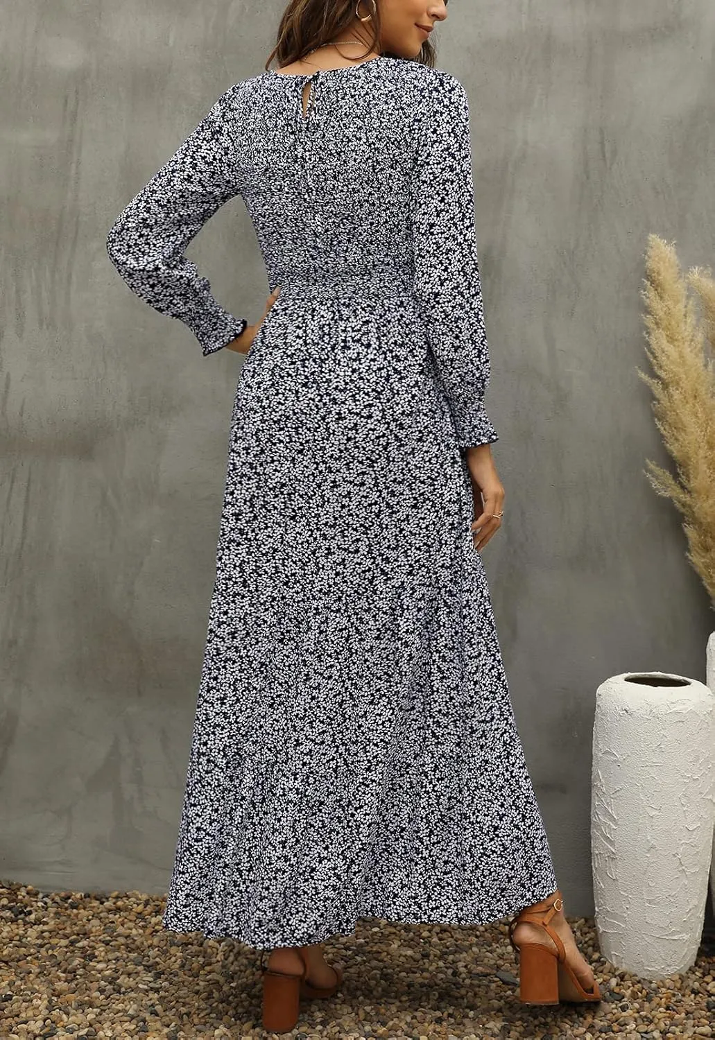 Annebouti Women's Spring Casual Long Sleeve Maxi Dress Boho Floral Smocked A-Line Modest Wedding Guest Long Dresses