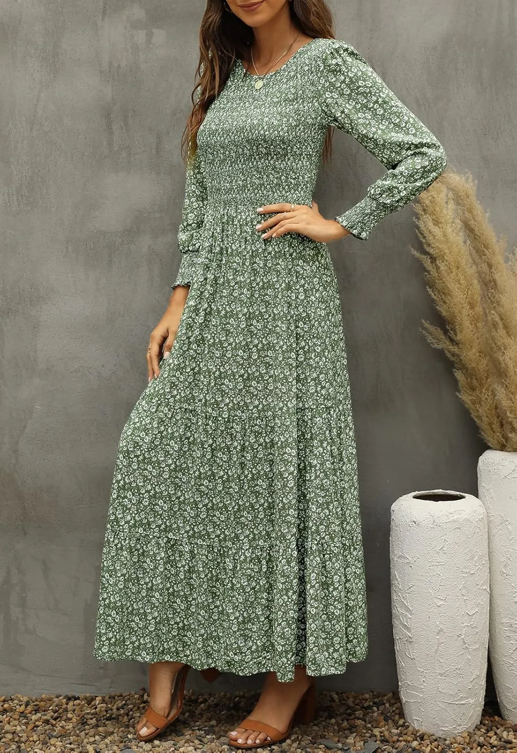 Annebouti Women's Spring Casual Long Sleeve Maxi Dress Boho Floral Smocked A-Line Modest Wedding Guest Long Dresses